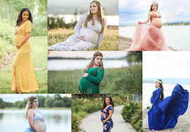 Collage of pregnant women in gowns holding their bellies for Molly Yi Photography