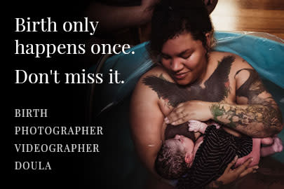 Mother who just gave birth in a tub holding and nursing her newborn with text next to it that reads, "Birth only happens once. Don't miss it. Birth Photographer, Videographer, Doula" for Portland Birth Photographer: Natalie Broders