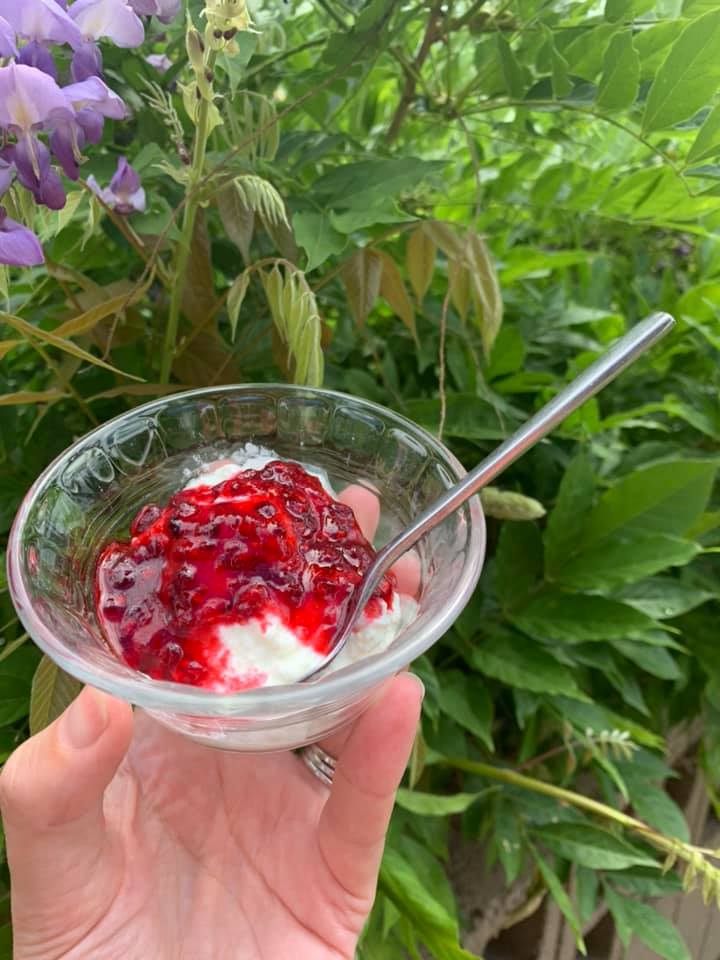 Person's hand holding a cup with homemade yogurt and strawberry jam in front of a backdrop of green plants