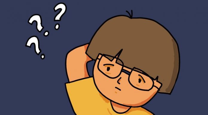 Cartoon of a child in glasses and three question marks.