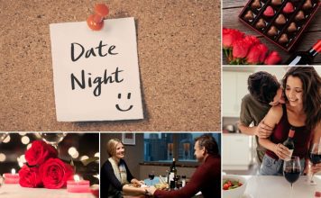date night note with collage of couples having valentines day at home