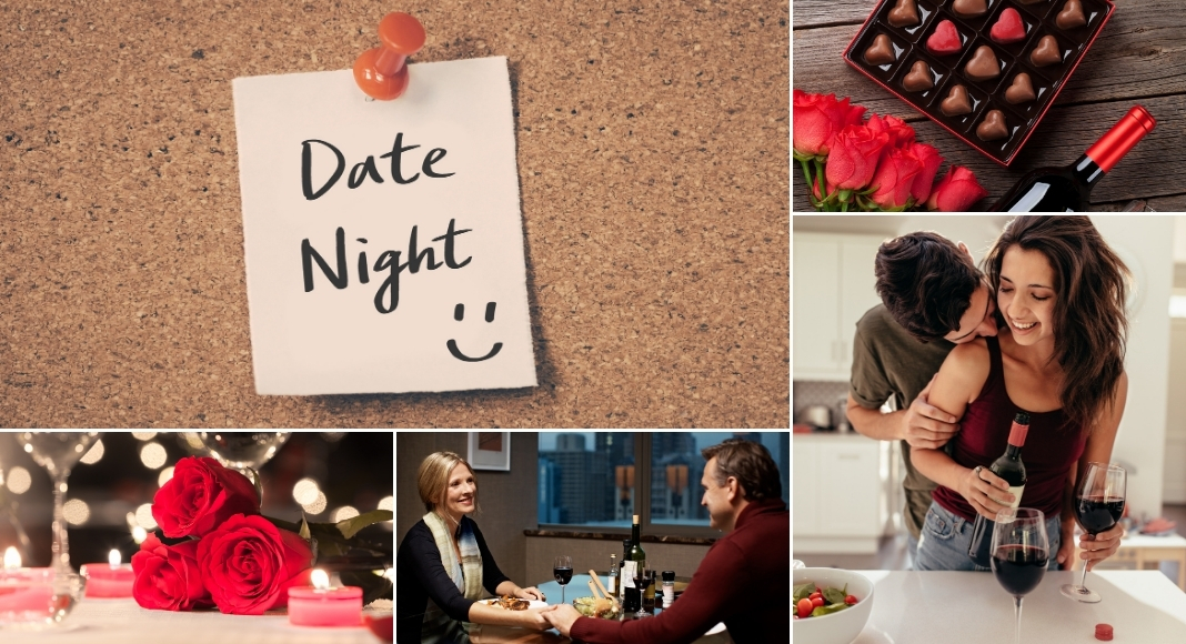 date night note with collage of couples having valentines day at home