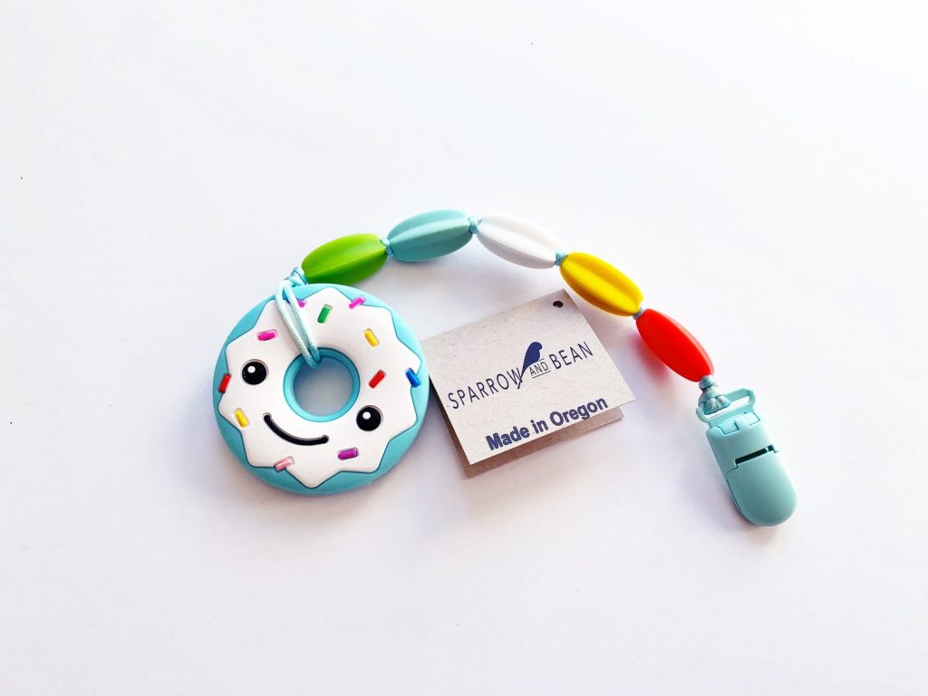 baby teether with smiling donut from Sparrow and Bean