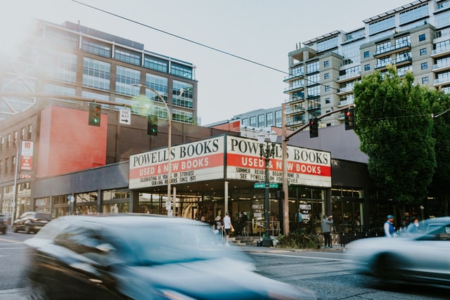 an outdoor photo of powell's books main location in portland, or