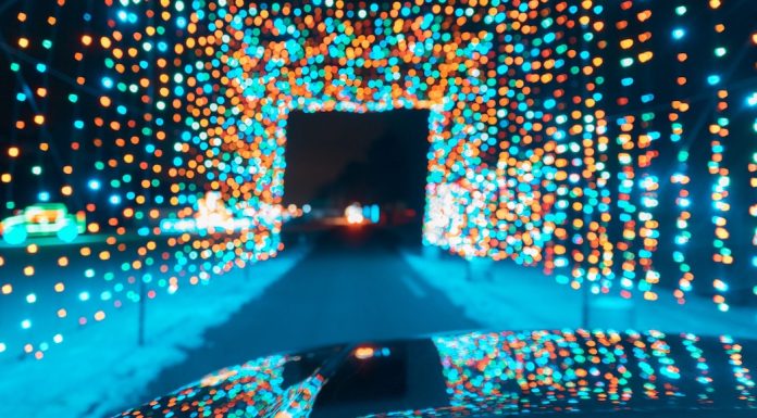 Archway of holiday lights as taken from inside a car