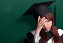 Sad girl in graduates robe and cap