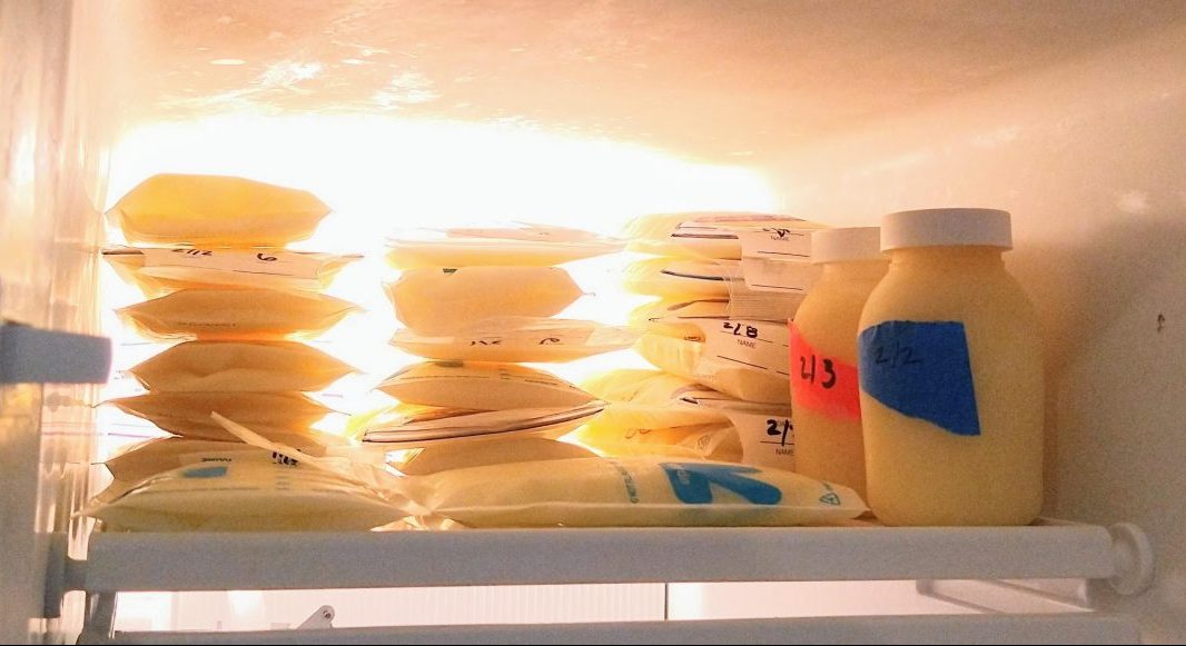 freezer with bags and bottles of frozen breastmilk