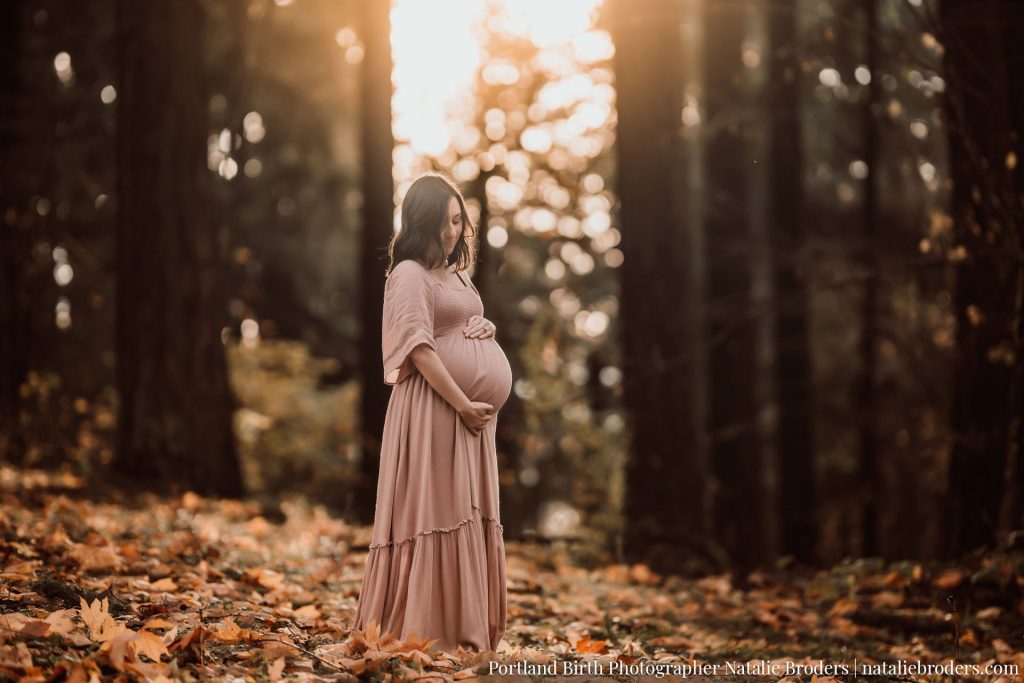 Pregnant Woman in the woods of Mt. Tabor Park in the Fall